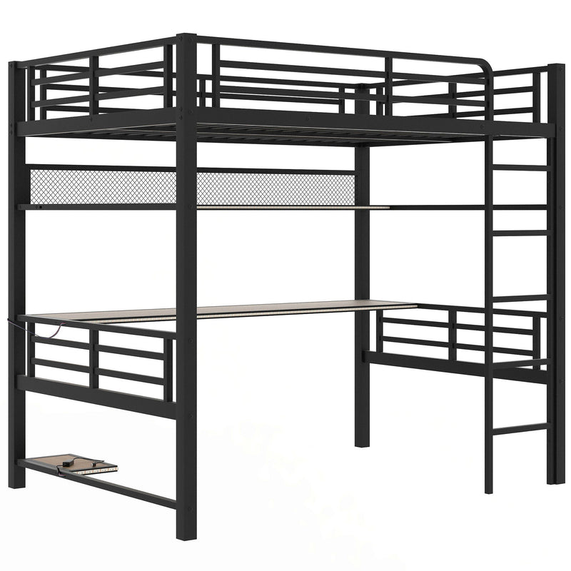 Full Size Loft Bed Frame With Storage Shelf And LED Light - Black