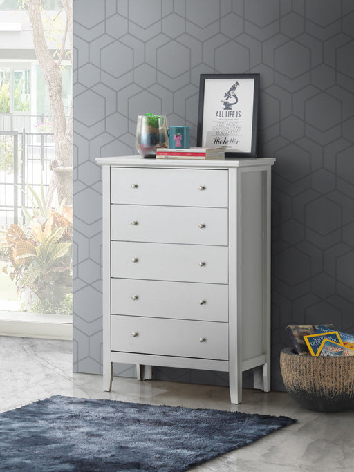 Glory Furniture Primo accent chest featuring a sleek wooden design with metal hardware and a spacious top surface.
