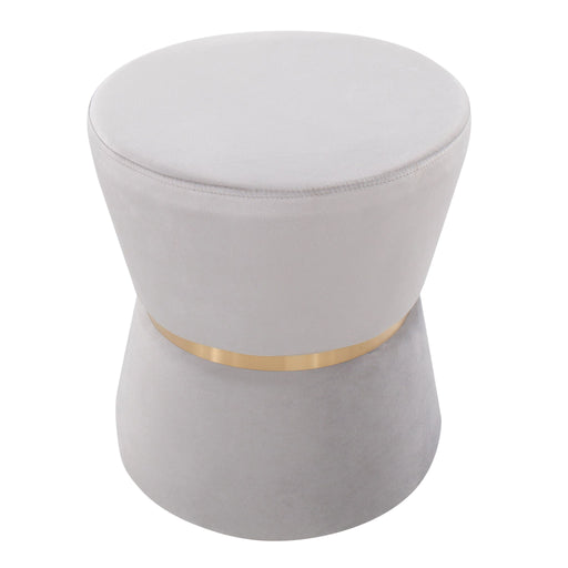 Lumi Source Gemma contemporary glam accent ottoman in silver and gold with a sleek, upholstered round design.