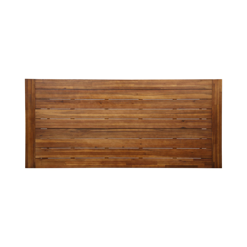 Noble House Equilibrium outdoor dining table with wooden frame and slat top, ideal for patio or garden dining areas.