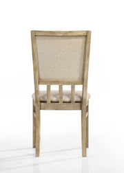 Set of two Lilola Home Brutus wide dining chairs in reclaimed wheat finish, showcasing sturdy wooden design with wide seats.