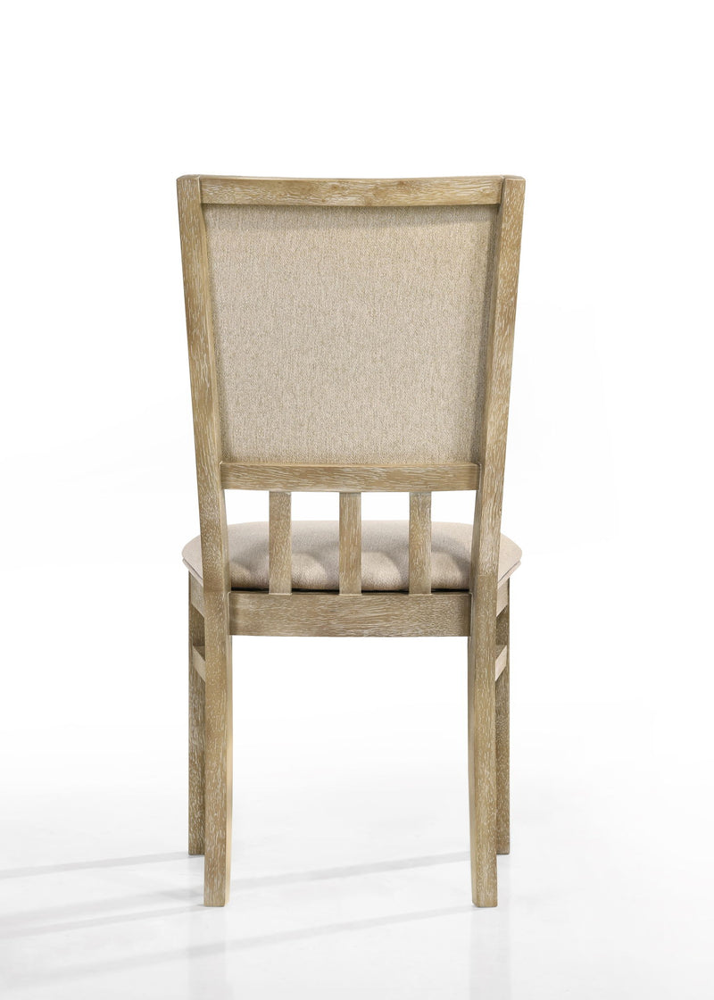 Set of two Lilola Home Brutus wide dining chairs in reclaimed wheat finish, showcasing sturdy wooden design with wide seats.