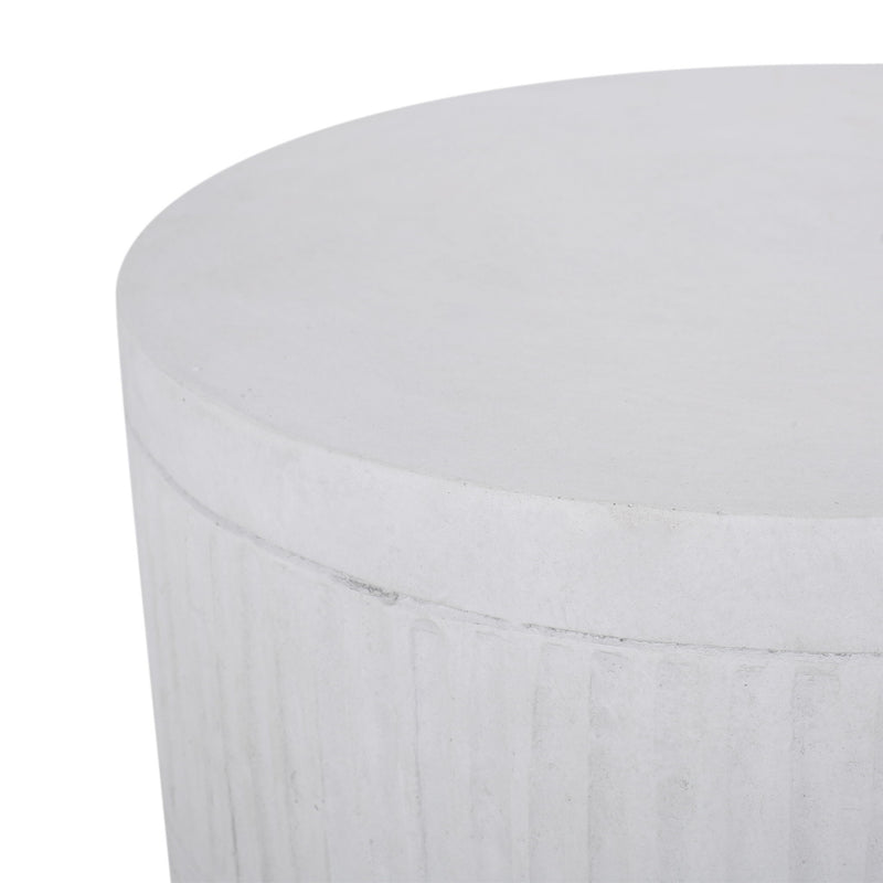 Antique white outdoor patio end table by Noble House with a simple, sturdy design perfect for outdoor seating areas.