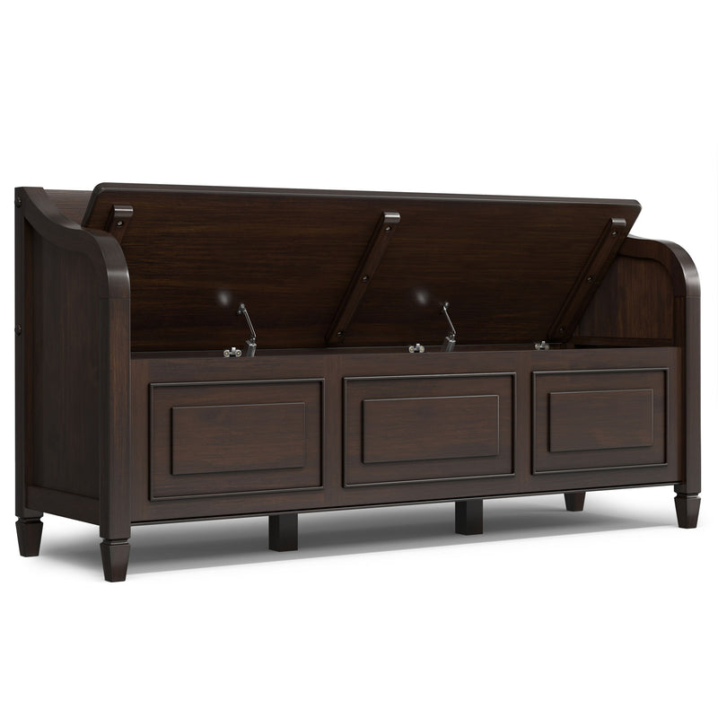 Simpli-Home Connaught storage bench with cushioned top and wooden legs, featuring built-in storage compartment for living room or hallway.