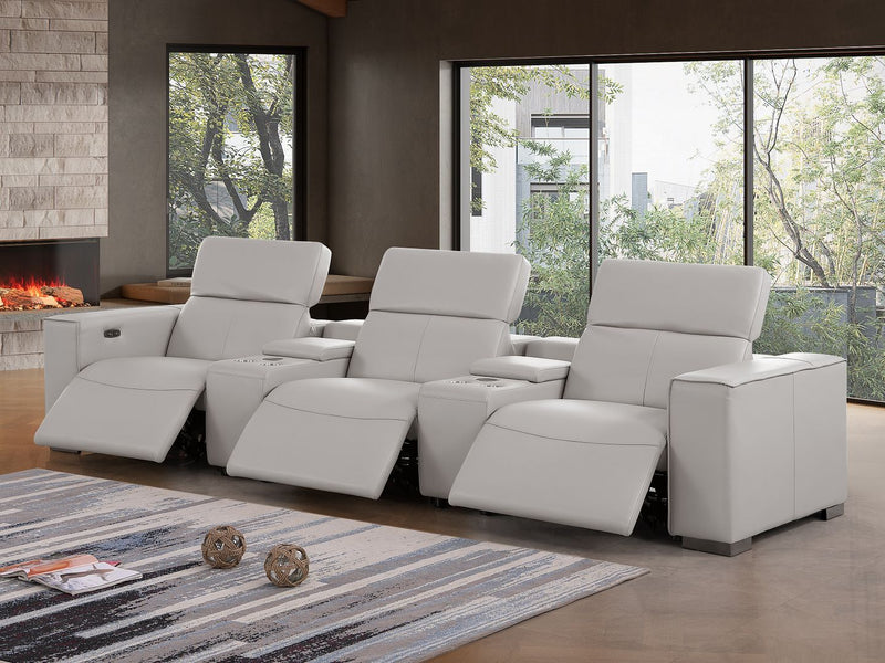1208 - Leather Sofa With 3 Power Recliners And Two Storage Consoles