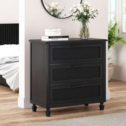 Dark gray Newell Cane 3 Drawer Dresser by Noble House, accent chest with stylish cane detailing and spacious drawers.