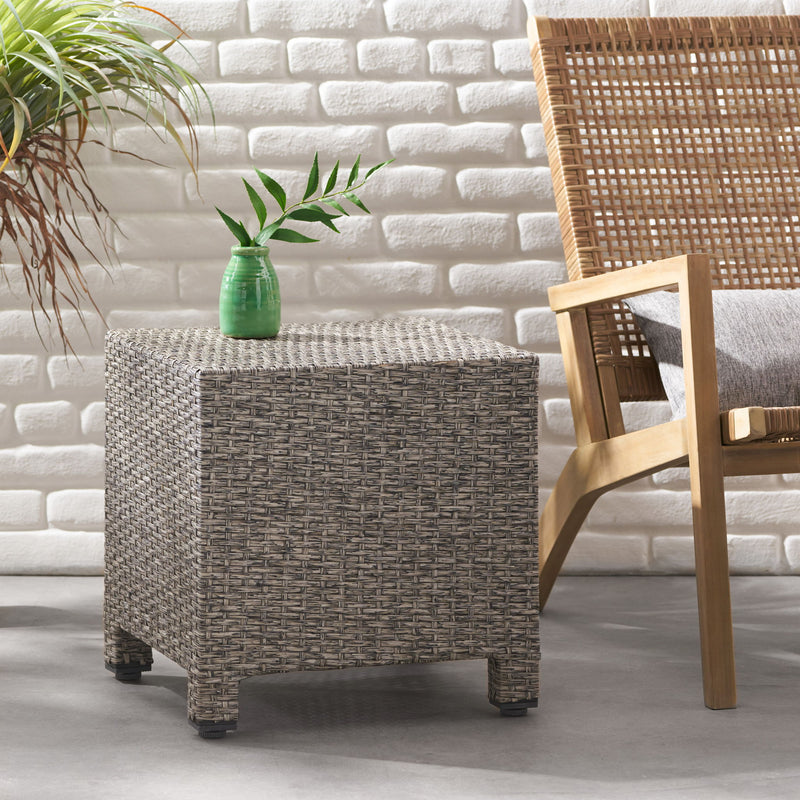 Noble House minimalist accent side table with a sleek wooden top and metal legs, modern design for living room decor.