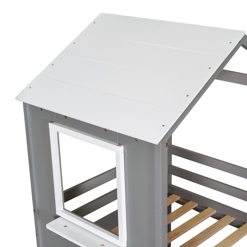 DreamHaus wooden bunk bed with roof, window, guardrail, and ladder, showcasing a sturdy design and cozy sleeping area.