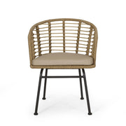 Noble House Randy modern wicker arm chair with water-resistant beige cushions, brown wicker frame, stylish outdoor seating.