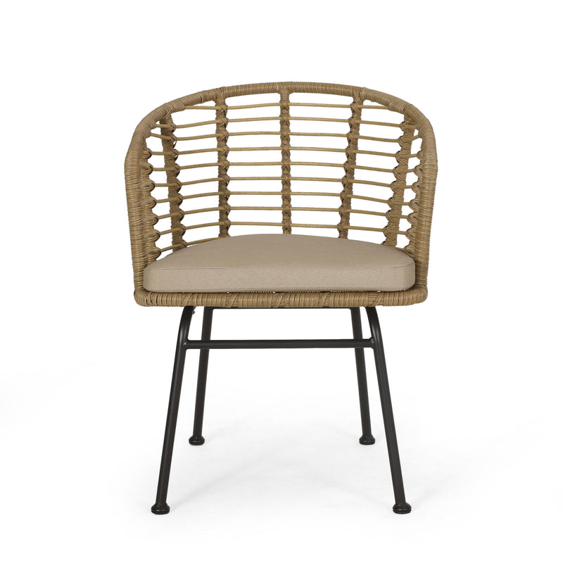 Noble House Randy modern wicker arm chair with water-resistant beige cushions, brown wicker frame, stylish outdoor seating.