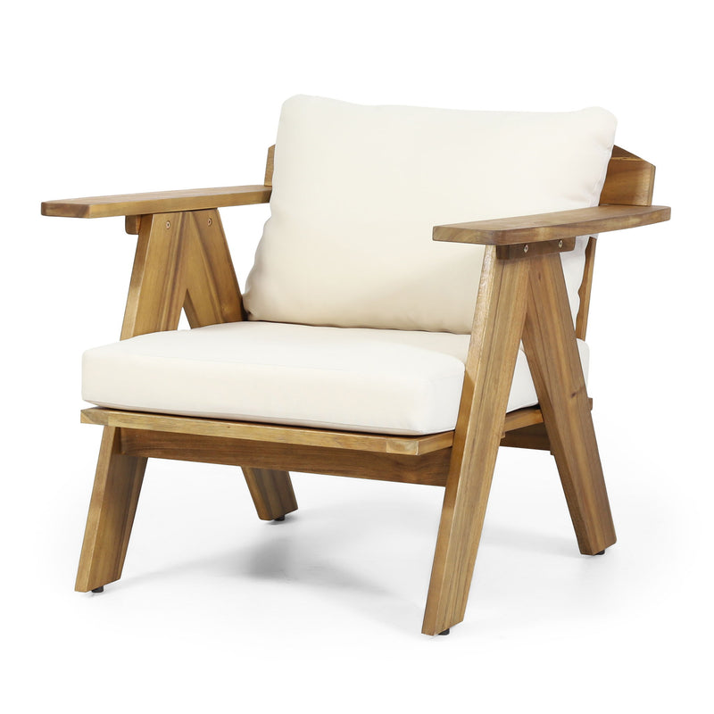 Pair of outdoor acacia wood club chairs with beige cushions, set of 2, from Noble House, featuring teak finish and comfortable seating.