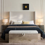 Shelton - Queen Upholstered Wingback Bed With 54" High Headboard - Ivory / Light Gray / Camel Oak - R&R Furniture Gallery (Fountain Valley, CA)