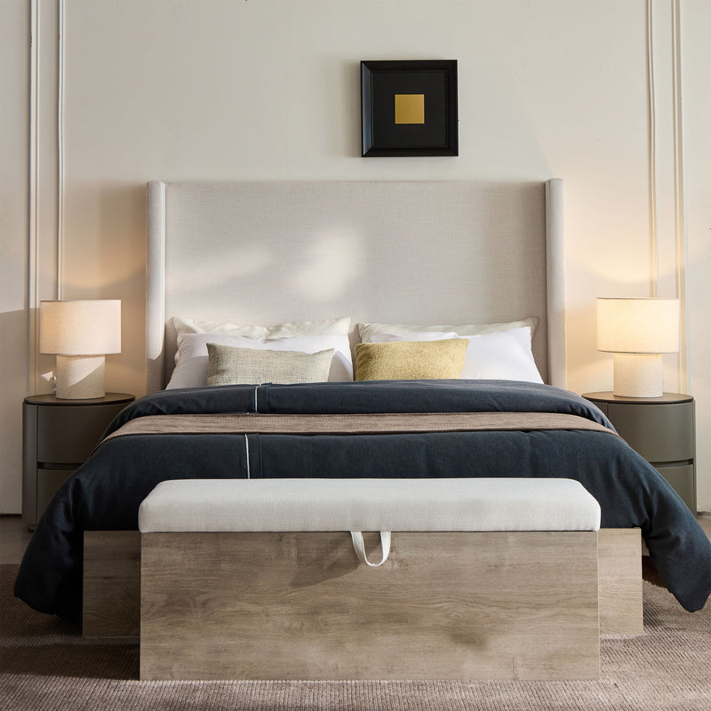 Shelton - Queen Upholstered Wingback Bed With 54" High Headboard - Ivory / Light Gray / Camel Oak - R&R Furniture Gallery (Fountain Valley, CA)