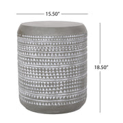 White cylindrical outdoor side table by Noble House, featuring a sleek, modern design suitable for patio or garden spaces.