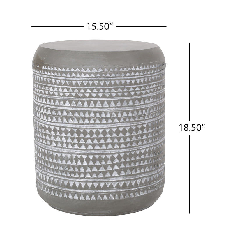 White cylindrical outdoor side table by Noble House, featuring a sleek, modern design suitable for patio or garden spaces.