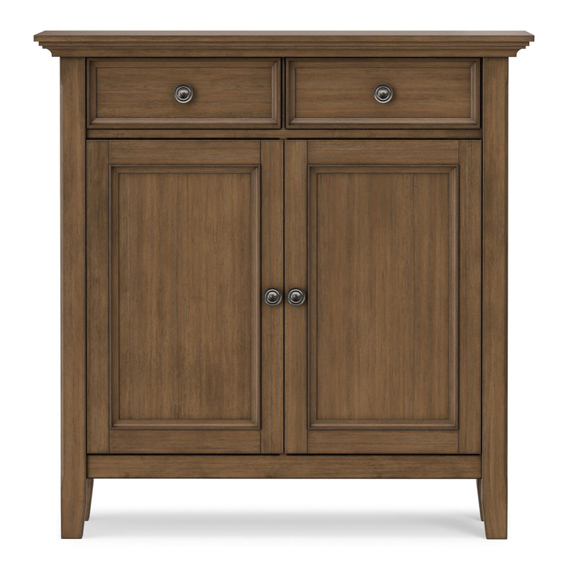 Simpli-Home Amherst accent storage cabinet with wood finish, featuring doors and shelves for stylish organization.