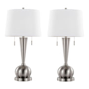 Set of two Lumi Source Jules contemporary table lamps with nickel finish, white shades, and built-in USB ports.
