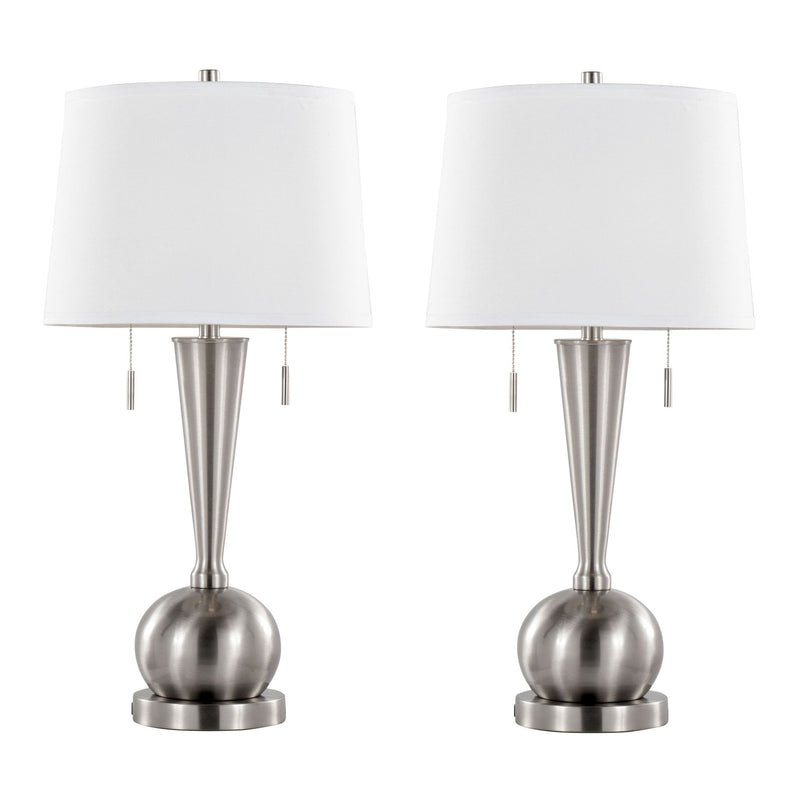 Set of two Lumi Source Jules contemporary table lamps with nickel finish, white shades, and built-in USB ports.