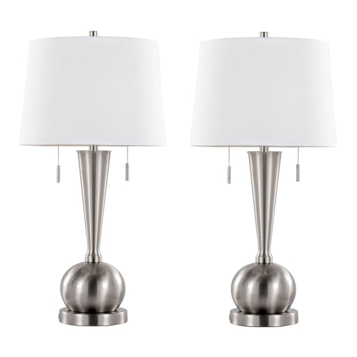 Set of two Lumi Source Jules contemporary table lamps with nickel finish, white shades, and built-in USB ports.