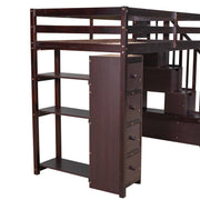 DreamHaus loft bed with built-in storage drawers, stairs, and shelves, featuring a sturdy wooden frame and space-saving design.