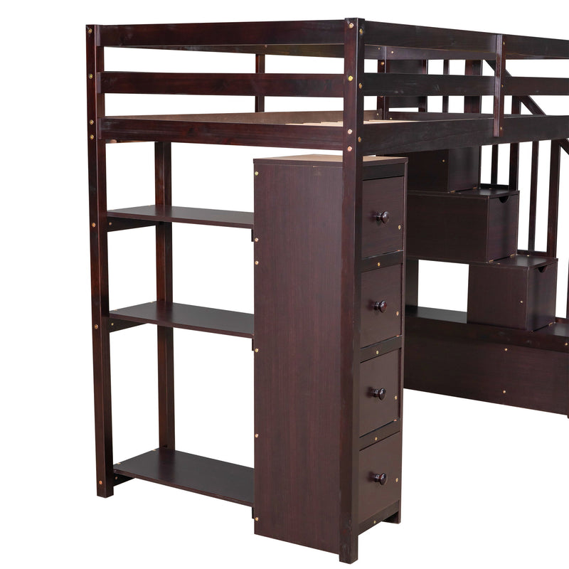 DreamHaus loft bed with built-in storage drawers, stairs, and shelves, featuring a sturdy wooden frame and space-saving design.