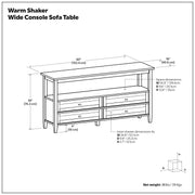 Warm Shaker Wide Console Sofa Table by Simpli-Home in light golden brown wood with a smooth finish and spacious tabletop.