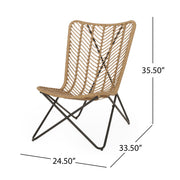 Set of two light brown wicker chairs with geometric cross metal bases, ideal for stylish indoor or outdoor seating.