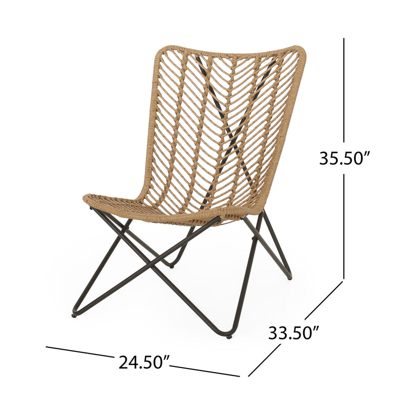 Set of two light brown wicker chairs with geometric cross metal bases, ideal for stylish indoor or outdoor seating.