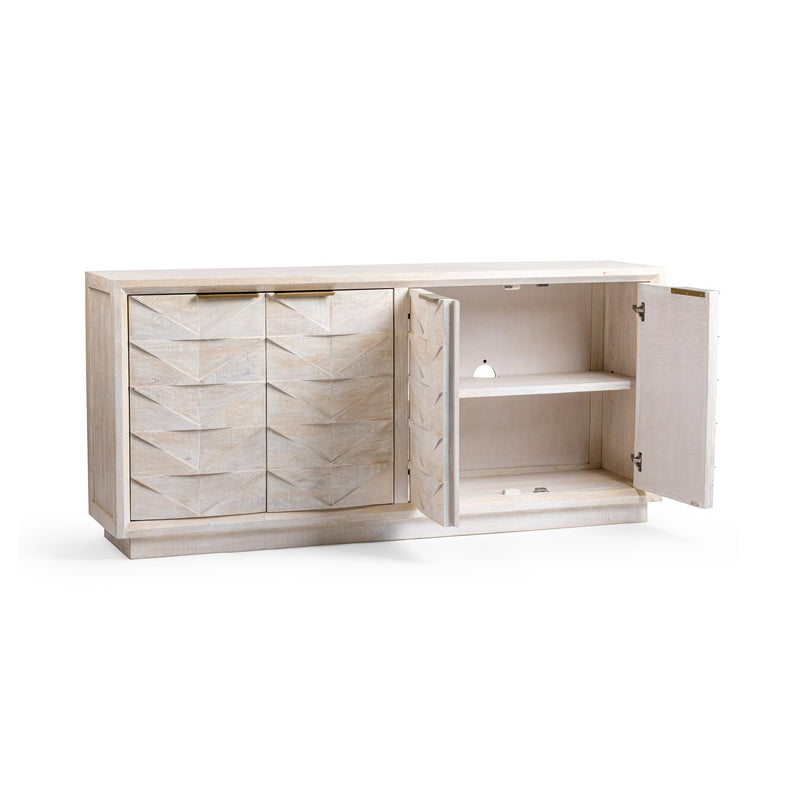 Classic Home Marvin buffet with wood finish and cabinet doors, featuring a spacious top surface and storage compartments.