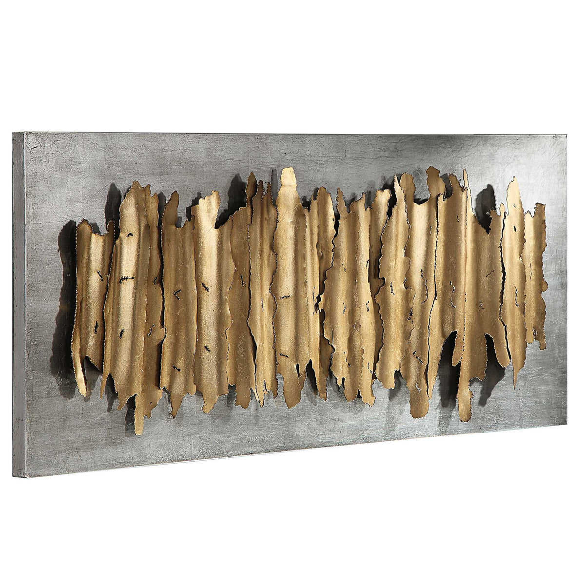Gold metal wall decor by Uttermost featuring modern geometric design for stylish interior decoration.