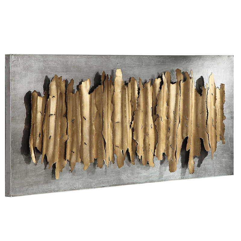 Gold metal wall decor by Uttermost featuring modern geometric design for stylish interior decoration.