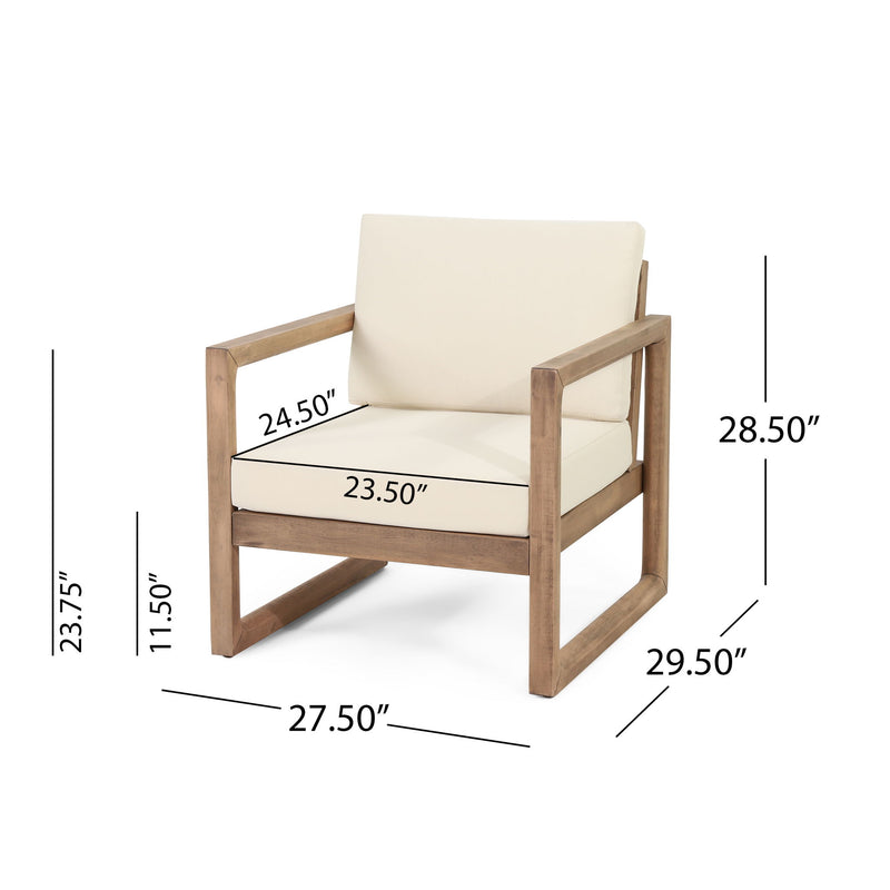 Noble House 4-piece acacia wood outdoor patio furniture set with coffee table, deep seating chairs and beige cushions for backyard porch.