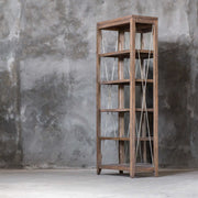 Uttermost Delancey Weathered Oak Etagere in dark brown with multiple shelves and a weathered oak finish.