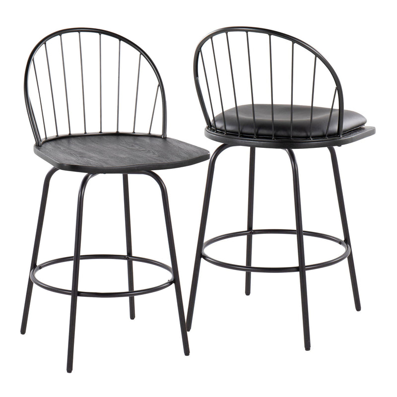 Lumi Source Riley Claire farmhouse counter stool set with swivel, fixed height, round footrest, in a rustic wood finish.