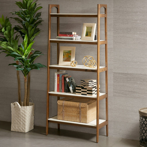 Mid - Century Design 5 Shelf Bookcase - Off White / Pecan - R&R Furniture Gallery (Fountain Valley, CA)