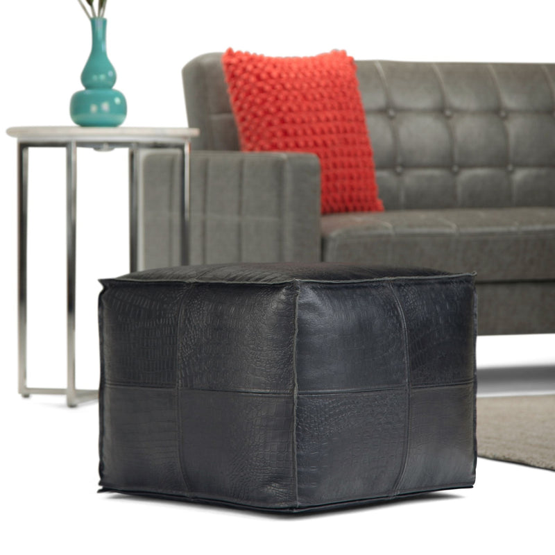Black Bowen square pouf by Simpli-Home, modern accent pouf with a cushioned top and sturdy fabric exterior.