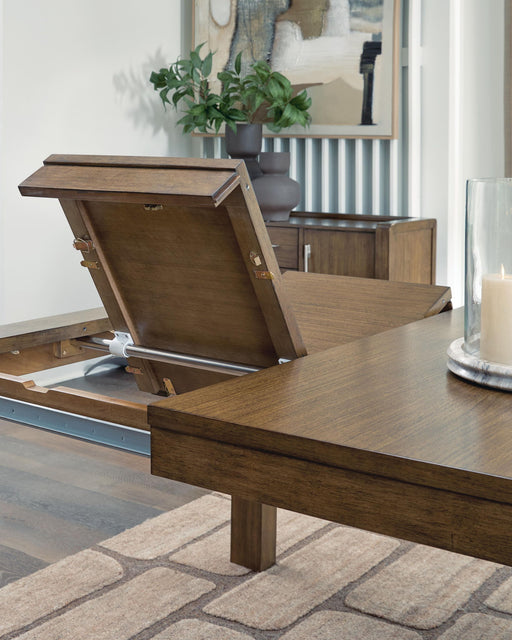 Benchcraft Marxmore rectangular dining room butterfly extension table in brown with sleek design and sturdy legs.