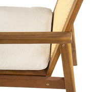 Set of two Noble House Preston outdoor dining chairs with beige cushions and teak frames, perfect for patio or garden seating.