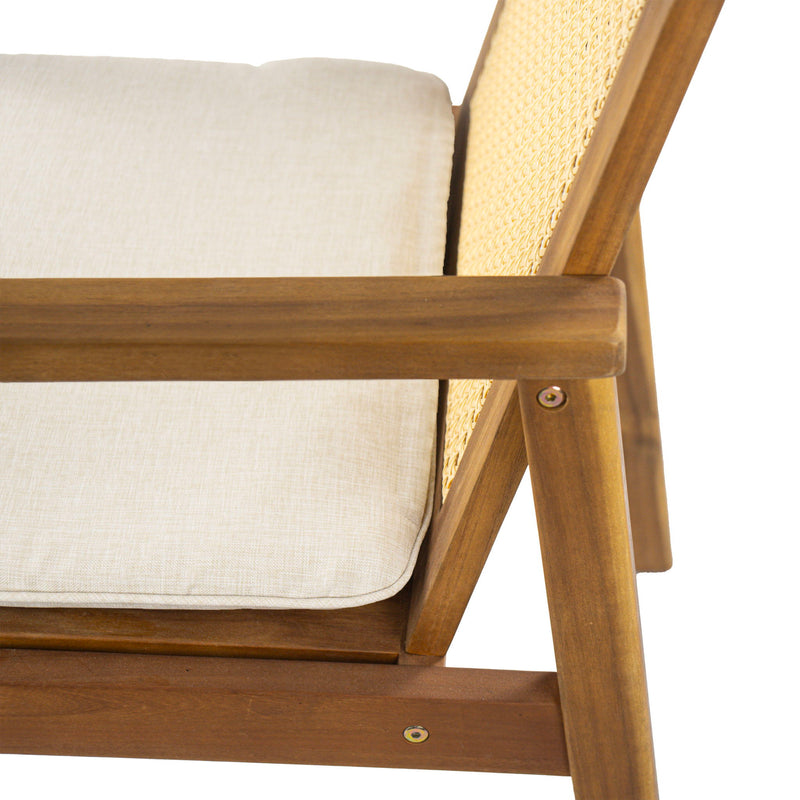 Set of two Noble House Preston outdoor dining chairs with beige cushions and teak frames, perfect for patio or garden seating.