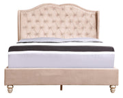 Transitional upholstered bed by Glory Furniture with padded headboard and fabric frame, showcasing a stylish bedroom centerpiece.