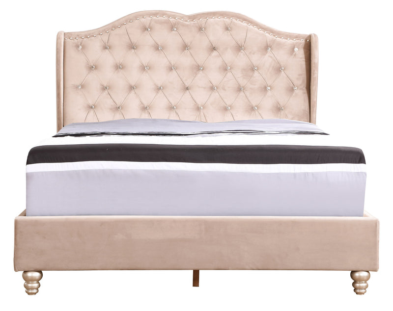 Transitional upholstered bed by Glory Furniture with padded headboard and fabric frame, showcasing a stylish bedroom centerpiece.