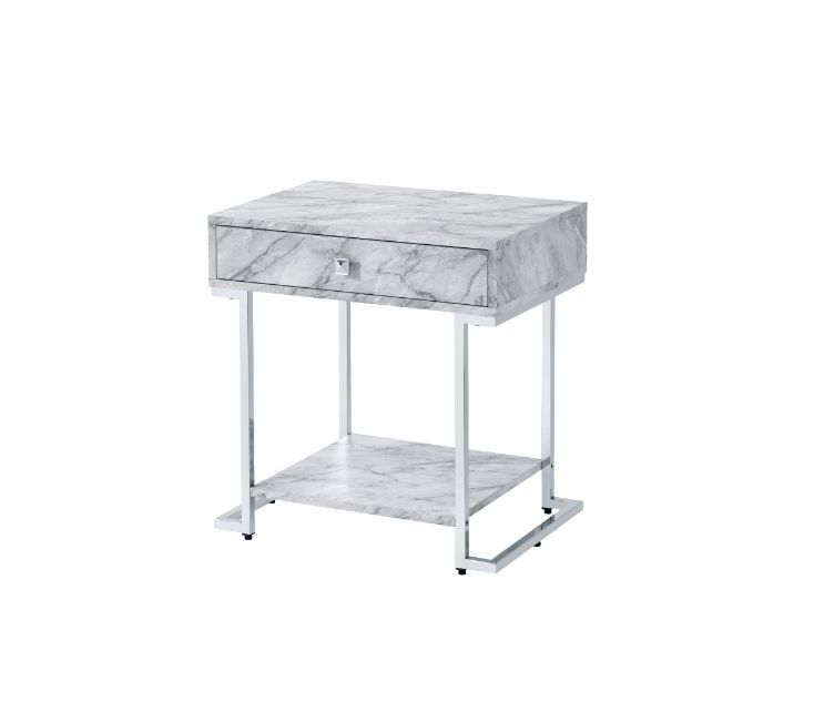 Wither - Accent Table - White Printed Faux Marble & Chrome - R&R Furniture Gallery (Fountain Valley, CA)