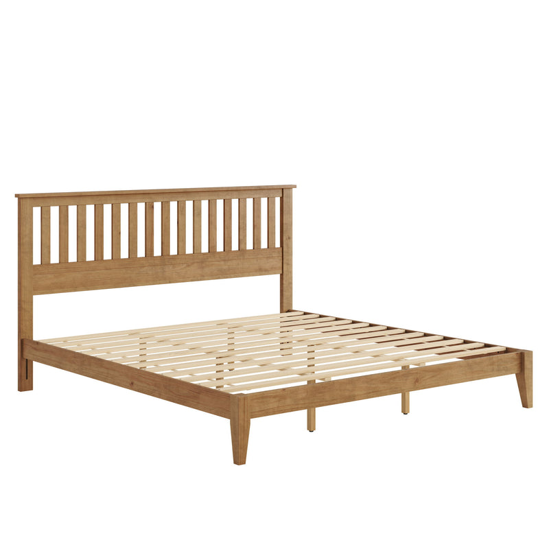Ridgecrest Home Malinda panel bed with a modern wooden frame and headboard, shown in a cozy bedroom setting.