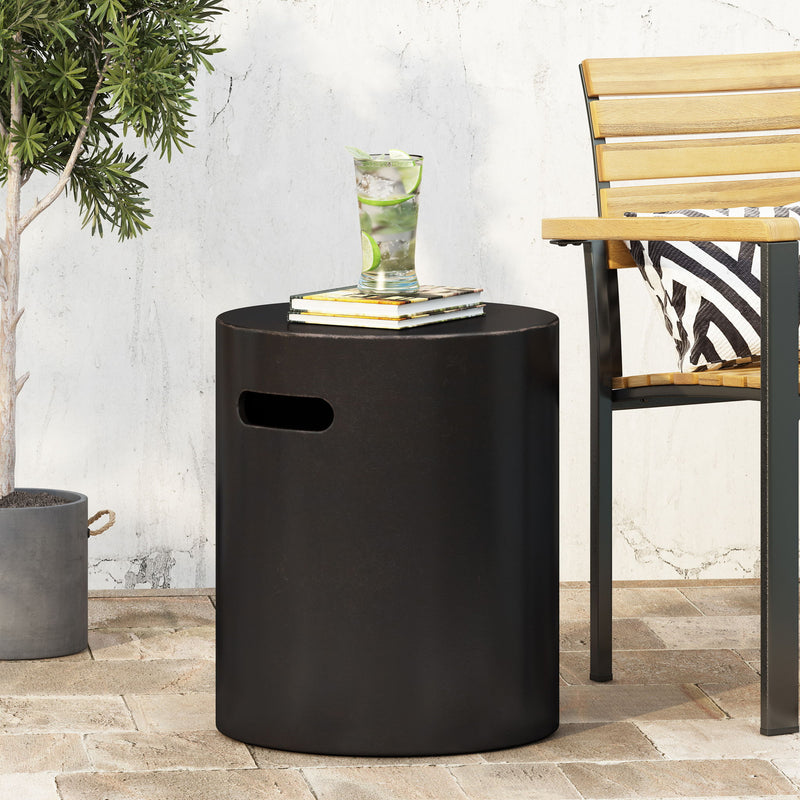 Noble House outdoor copper end table with cutout handle, featuring a sleek design and sturdy construction for patio or garden use.