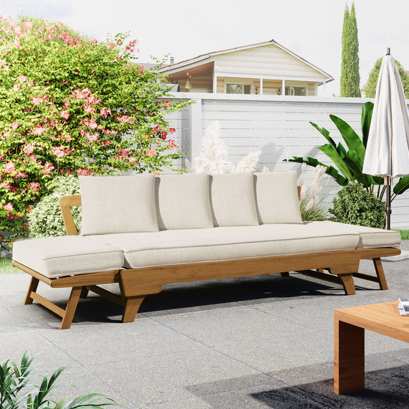 Noble House outdoor patio daybed sofa with three seats, foldable armrests, and four back pillows in a stylish outdoor setting.