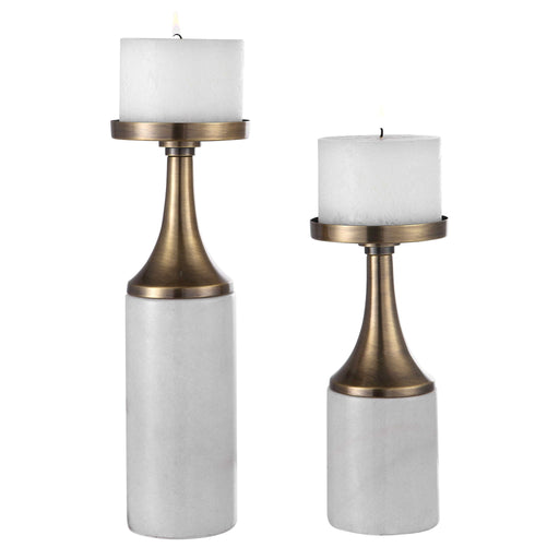 Pair of white and gold marble Castiel candleholders from Uttermost, elegant decorative candles and holders set.