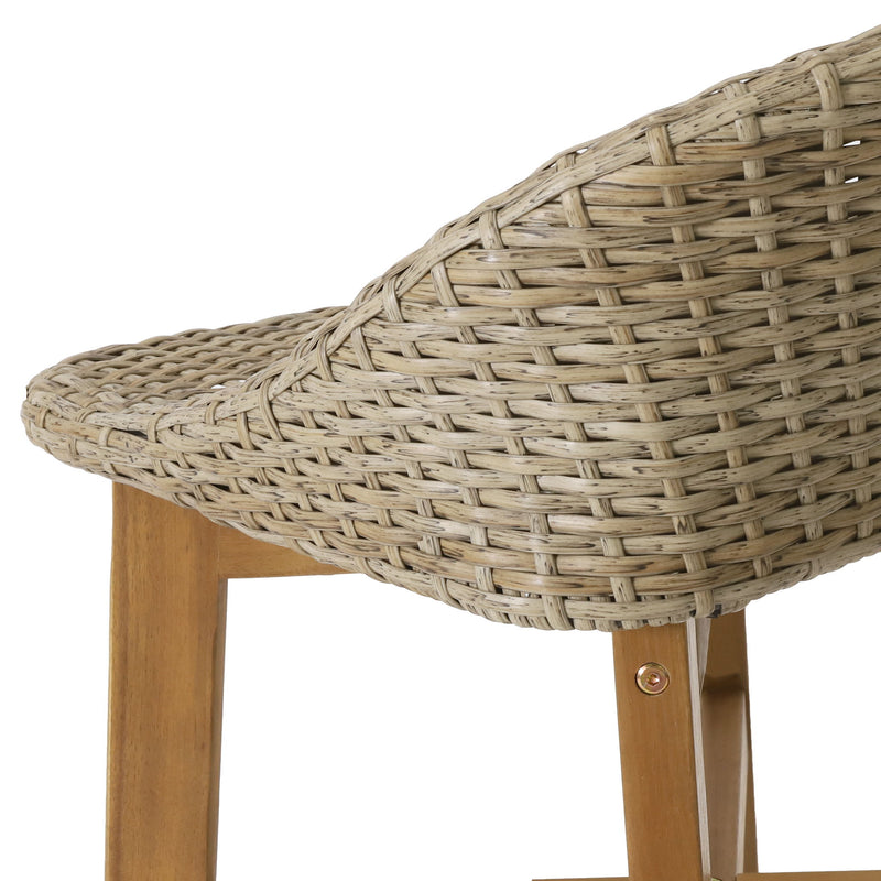 Set of two Noble House outdoor wicker and acacia wood barstools with water-resistant brown finish, ideal for patio or outdoor seating.