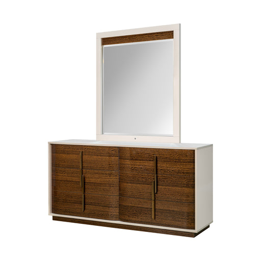Michael Amini Pavira dresser with matching mirror, showcasing a sleek wooden finish and modern design in a bedroom setting.