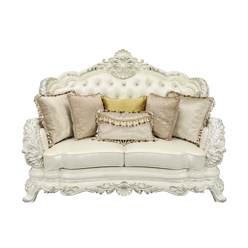 Adara - Loveseat With 5 Pillows - Pearl White Synthetic Leather & Antique White - R&R Furniture Gallery (Fountain Valley, CA)