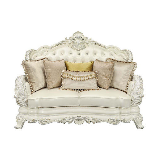 Adara - Loveseat With 5 Pillows - Pearl White Synthetic Leather & Antique White - R&R Furniture Gallery (Fountain Valley, CA)